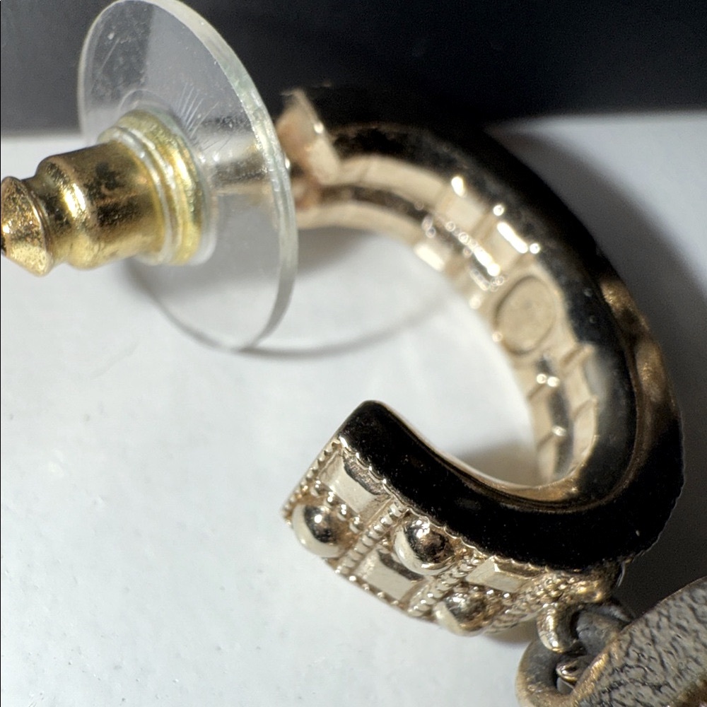 💯AUTH. CHANEL A21 Pearl/Black Crystal Checkered Gold Hoop Earrings w/CC Logo - Picture 14 of 15